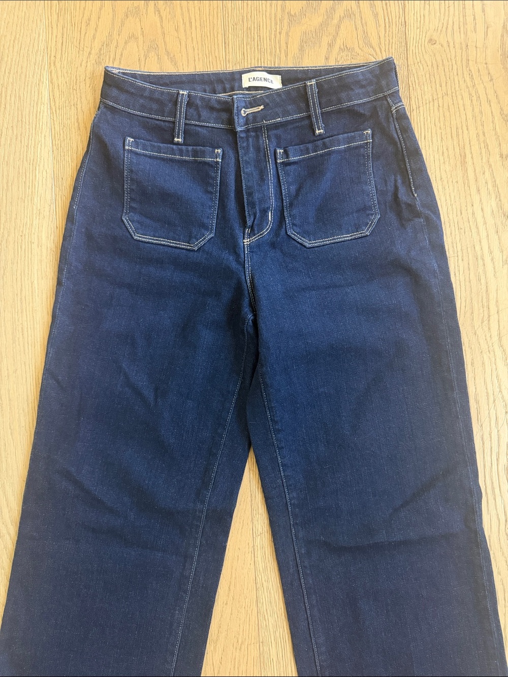 L'AGENCE Dark Blue High-Rise Wide Leg Jeans with Front Patch Pockets - Picture 3 of 8